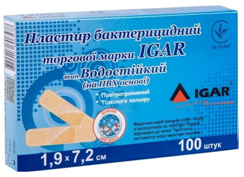 Пластир бактерицидний IGAR тип Водостійкий (на ПВХ основі) 1,9 х 7,2 см